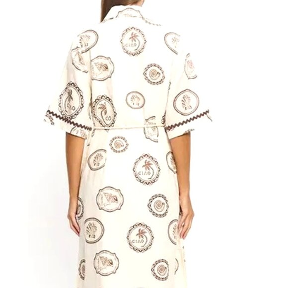 WOMENS SHORT SLEEVE MIDI DRESS LINEN AND POLETER BUTTON DOWN CIRCLE PRINT DRESS - Picture 5 of 6